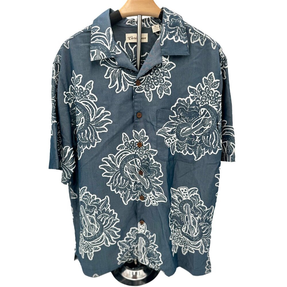 Caribbean Men's Casual Button-Down Shirt in Navy with White Floral Print